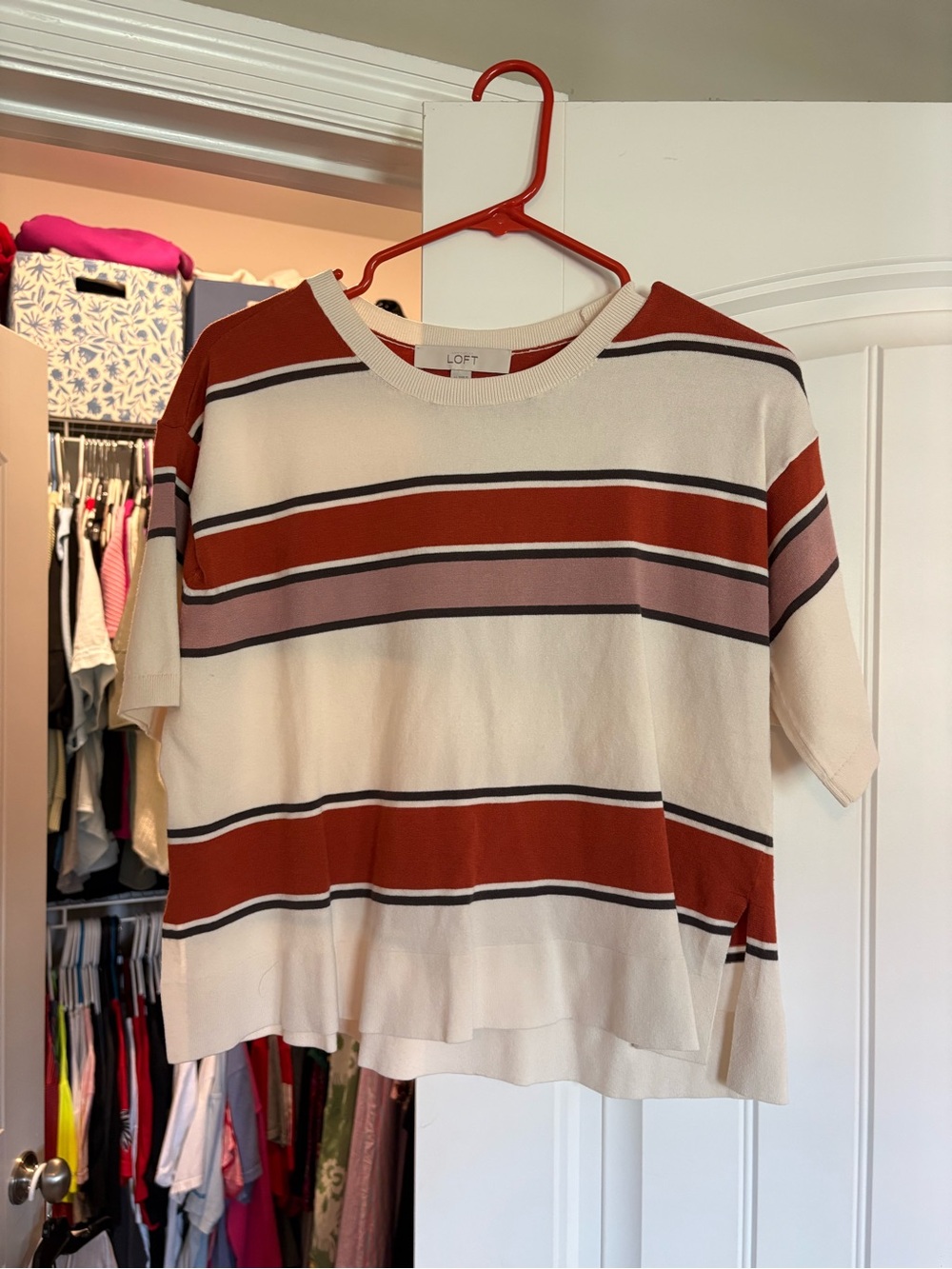 LOFT Cream Striped Short Sleeve Knit Top